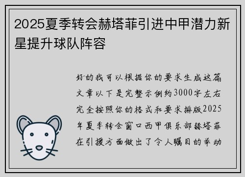 2025夏季转会赫塔菲引进中甲潜力新星提升球队阵容